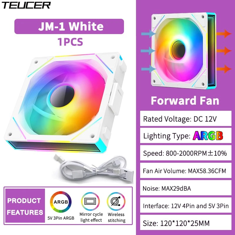 TEUCER JM-1 PC Case Fan 120mm ARGB Mirror Cycle Light Effect Cooling Fan 4PIN PWM Low noise Chassis Water Cooling Ventilador: WHITE