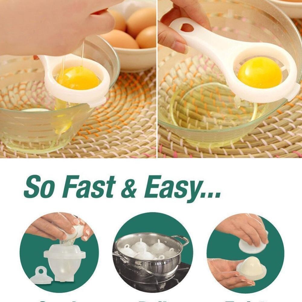 1 sett /7 stk hardkokt eggkokere 6 eggies uten skall med bonus eggehvite separator egg damper komfyr matlagingsverktøy