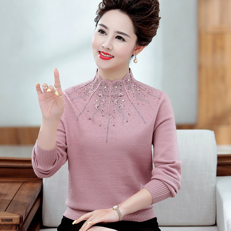 Cashmere sweater kvinder halv rullekrave strikket sweater midaldrende mor bunden varme pullovere hel sweater 1656
