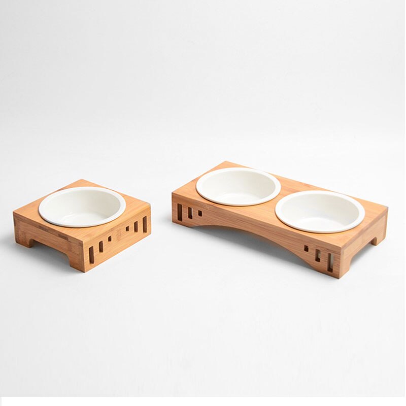 Solid Wood Pet Dining Table Bowl Pet Wooden Tilted Feeders Dog cat Anti-slip Three Bowls Cat Dish with Slope Stand(Heighten)