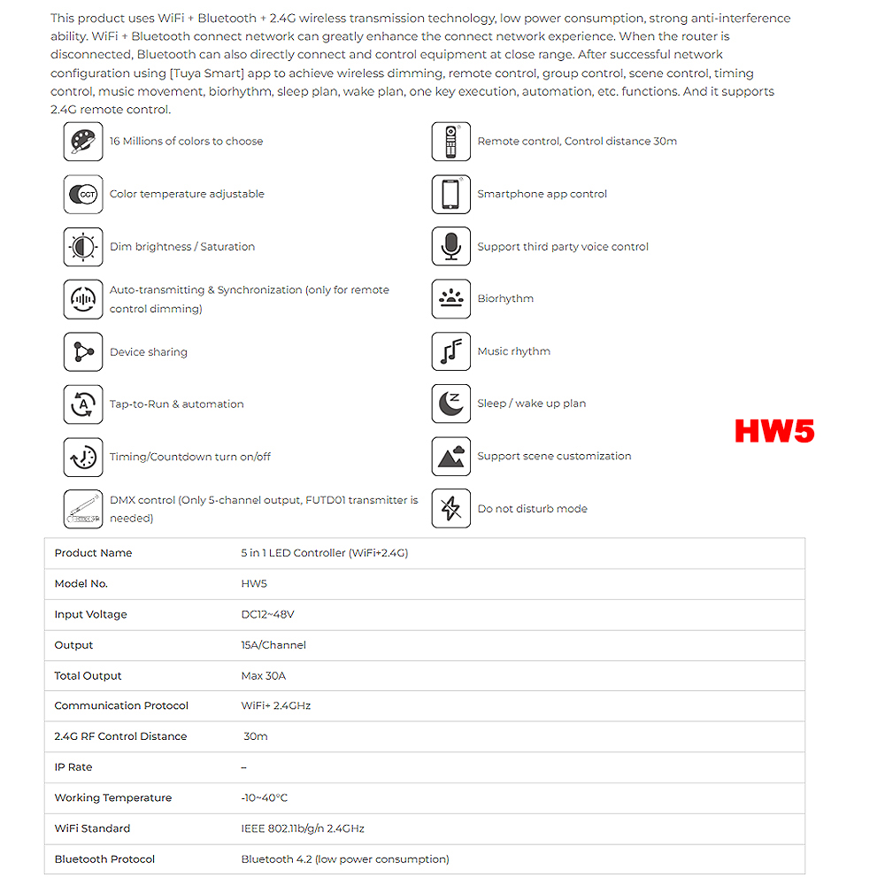 Miboxer hw2 2 em 1 hw5 5 em 1 2.4ghz wifi + controlador rf grande corrente máxima 30a para cor única/branco duplo/rgb/rgbw/rgb + cct tira conduzida