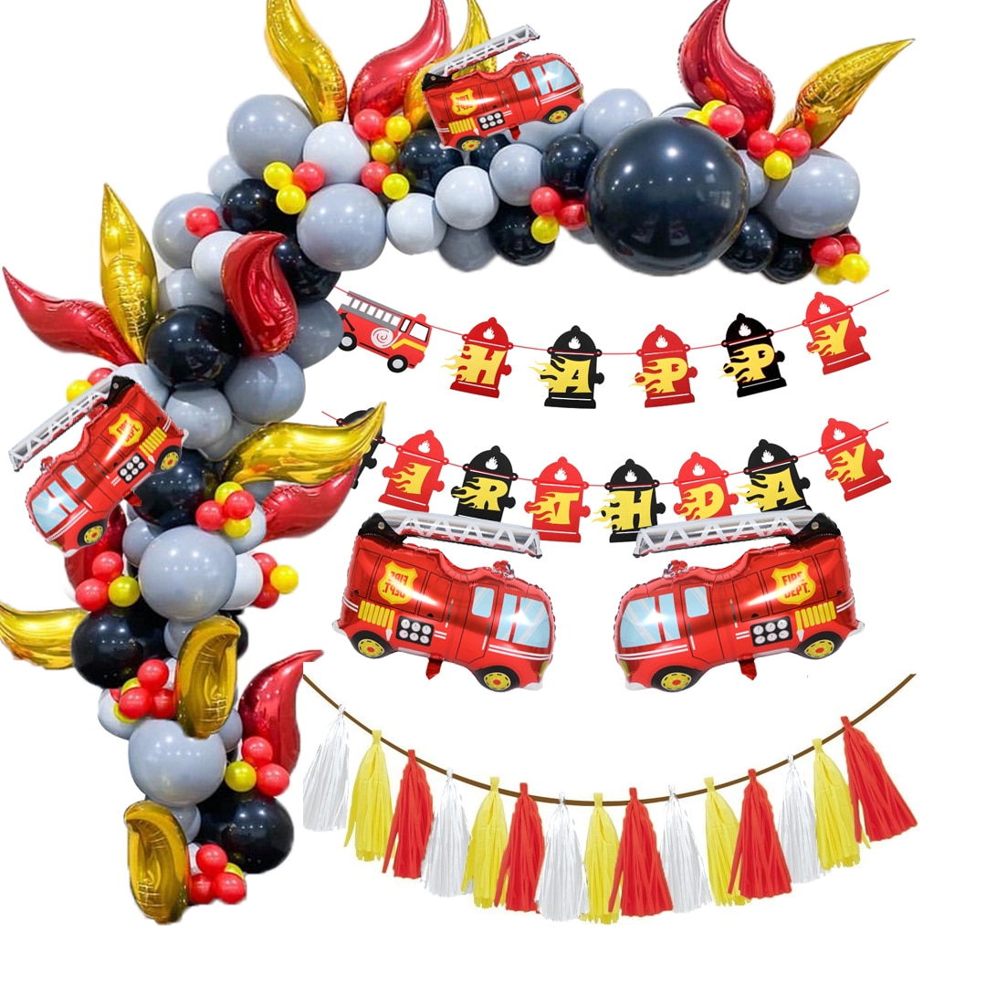 1 Set Firefighter Theme Decoration DIY Spiral Ornaments Fire truck Balloons Disposible Tableware Kids Birthday Party Supplies
