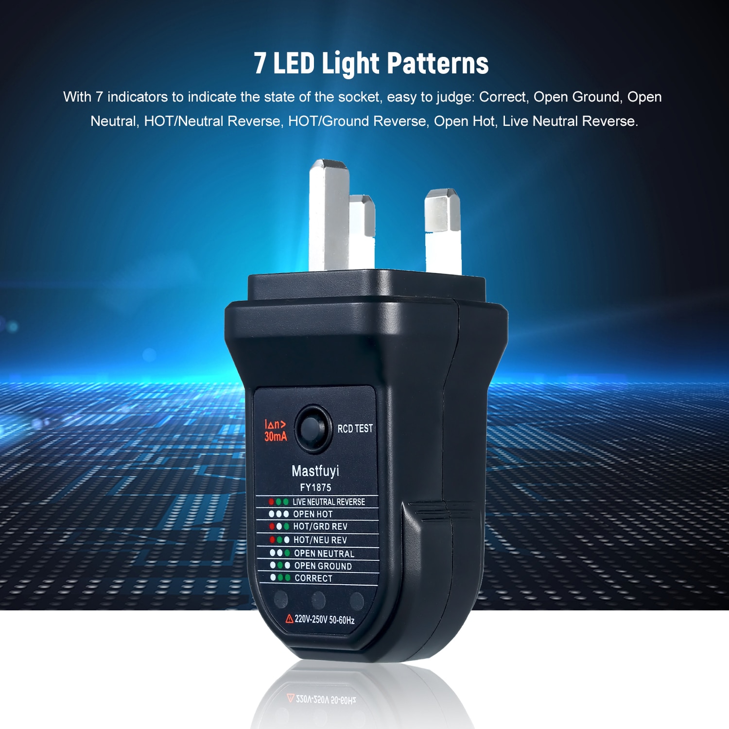 RCD Electric Socket Tester Automatic Neutral Live Earth Wire Electric Circuit Polarity Detector W/ 7 LED Light Leakage Test