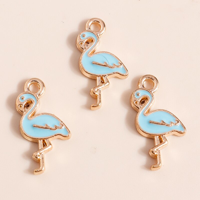 Breloques flamant rose de dessin animé pour bijoux, joli oiseau en émail, collier, boucle d'oreille, accessoires exécutifs, 10 pièces, 17x8mm: Couleur or