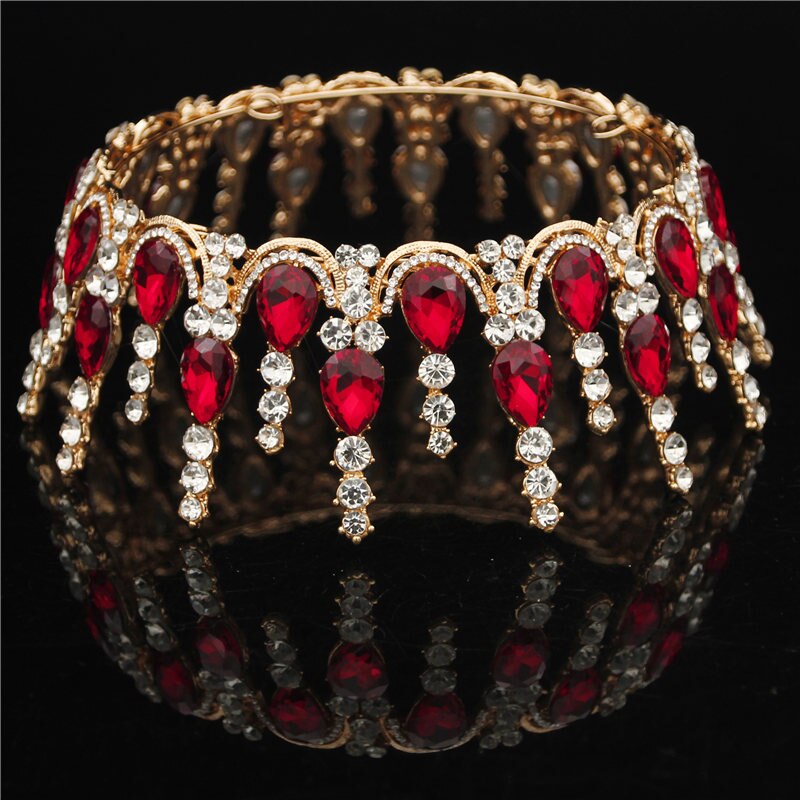 Wedding Tiara Crown - Round Rhinestone Bridal Headpiece - Gold & Silver Plated Zinc Alloy: Gold Red