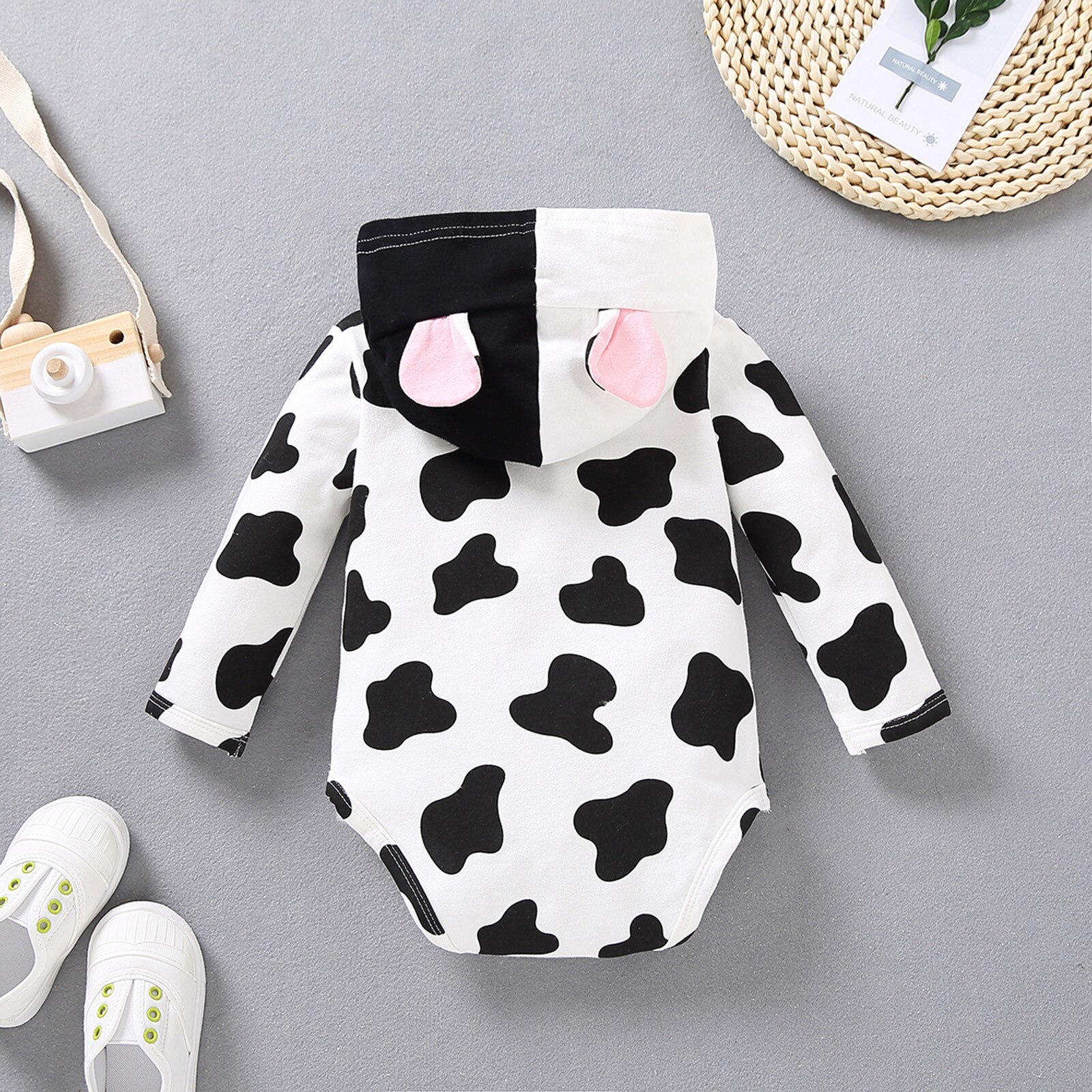 recién nacido ropa de bebé niño para niña mameluco de manga larga leche estampado de vaca Pelele con capucha ropa de bebé Bodi para recién nacidos