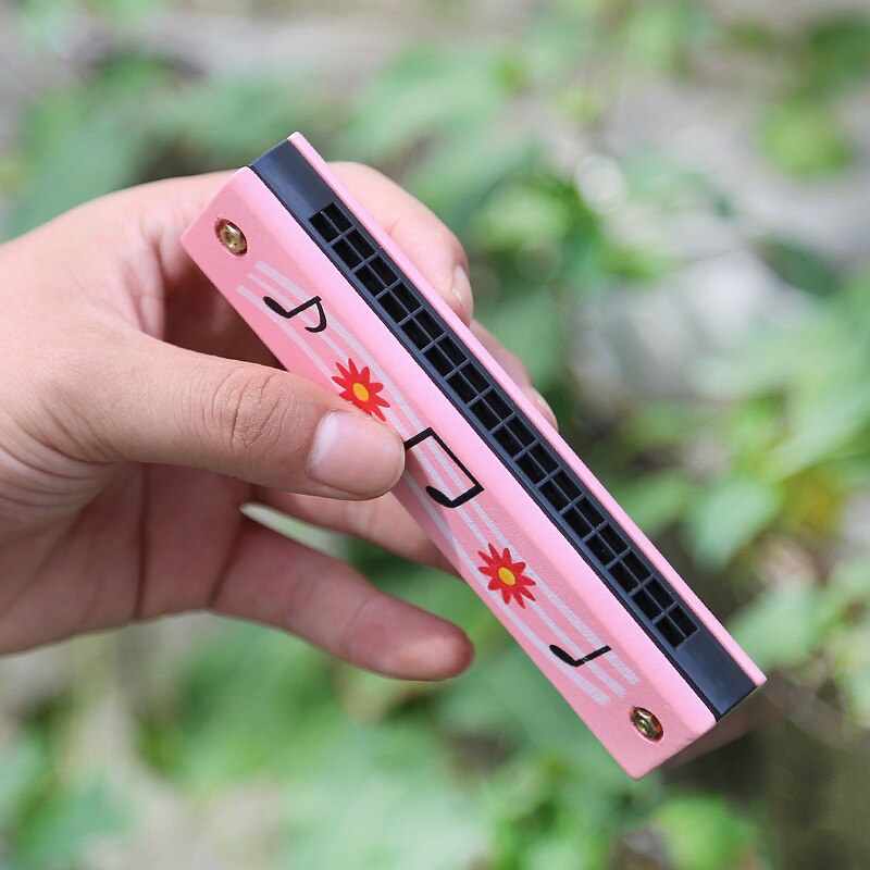 Double Row 16 Hole Harmonica Musical Instruments Children's Wooden Painted Harmonica Early Education Toy Teaching