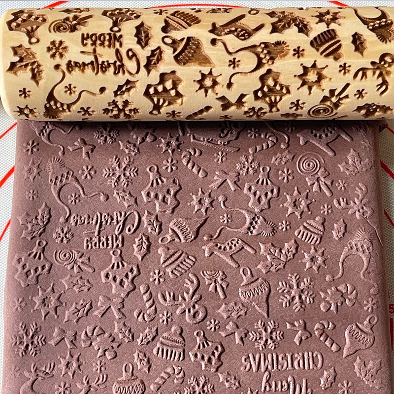 Julkavel med mönster renblomma trä bakning kakor kexfondant tårtdeg graverad embossing roller: V-tomten