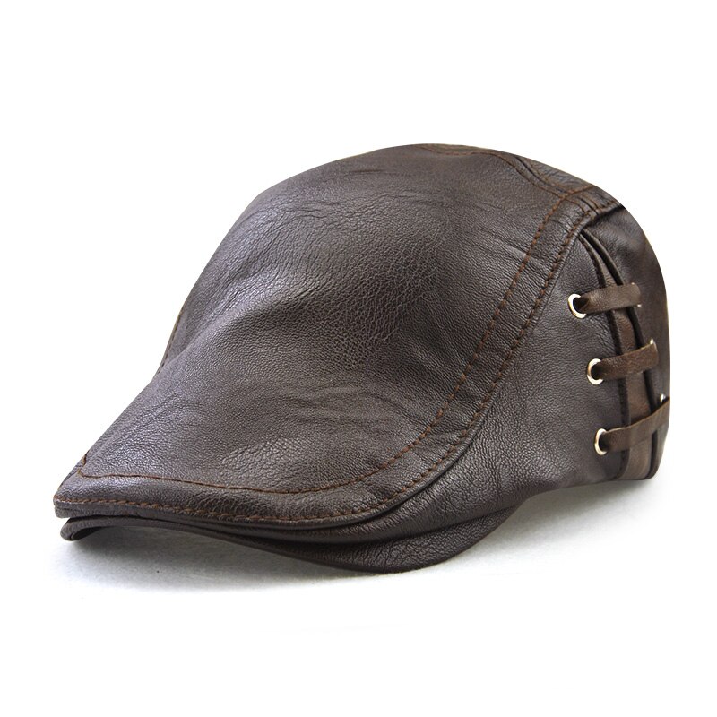 JAMONT PU Leather Caps Windproof Man Beret Bandage Hat Spring Flat Cap Casquette Warm Side Strap Boina Masculina