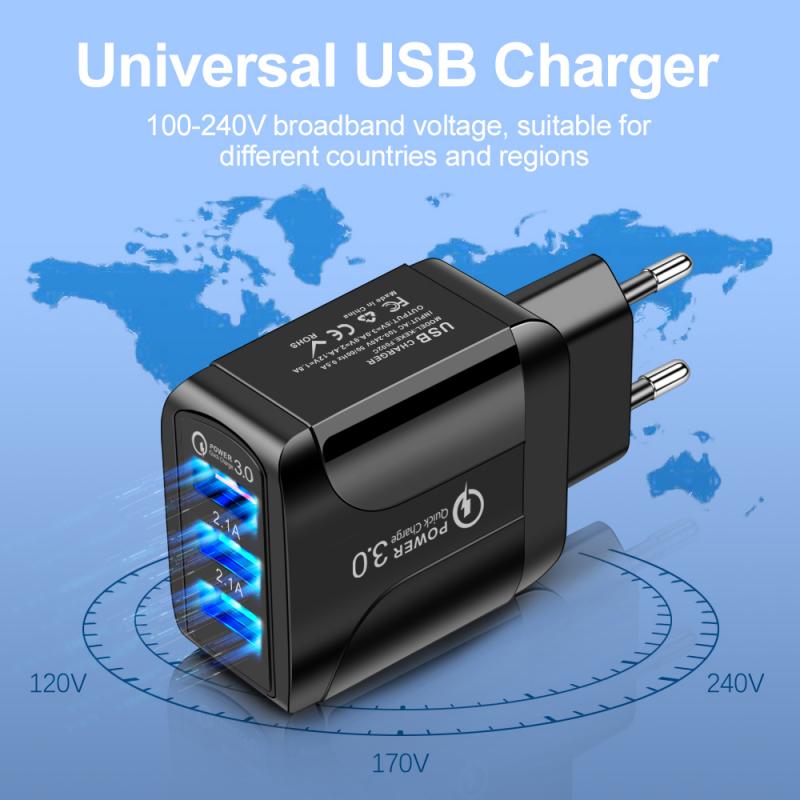 Cargador luminoso 3USB 2.4A para teléfono inteligente, cargador de paso para tableta, cargadores de teléfono móvil, telecomunicaciones