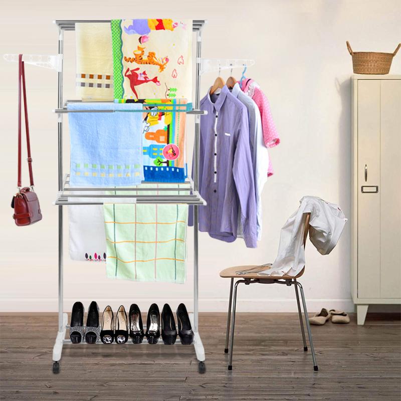 Stainless Steel Clothing Storage Racks Clothes Drying Folding Suspension Wing Adjustable Wardrobe Laundry Drying Rack 3 Tier HWC