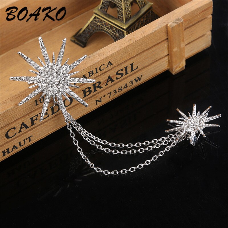 BOAKO Shining Crystal Snowflake Double Chain Tassels Brooch Women's Alloy Rhinestones Scarf Buckle Collar Pins Brooch Clip Badge: Silver