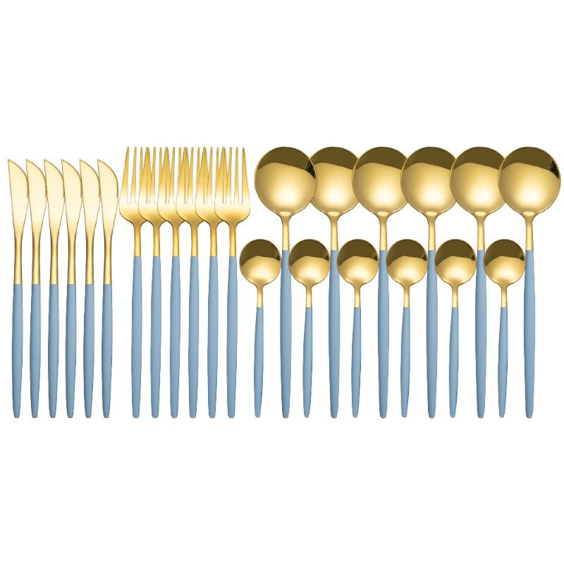 Roze Goud Bestek Set Rvs Servies Set 24Pcs Messen Vorken Koffie Lepels Bestek Set Keuken Diner Servies Set: Grey gold