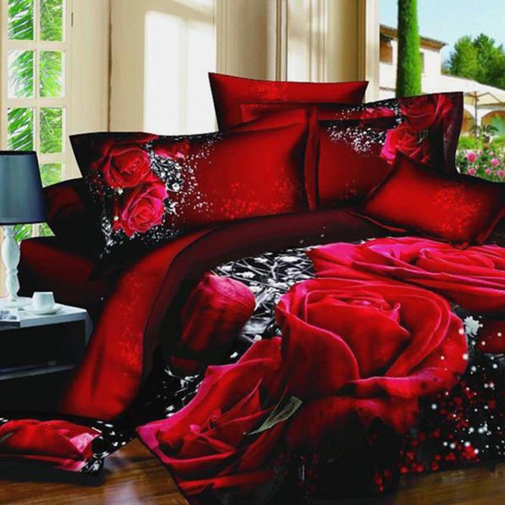 4pc/set 3D Big Red Rose Floral Bedding Sets Wedding Soft Duvet Cover Sheet Pillow Cases Bed Set Queen Bed Linen