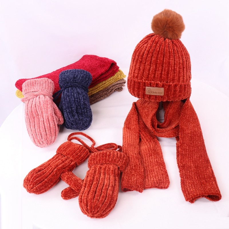 Barnelue skjerfhansker tredelt dress for menn og kvinner baby vinter tykk varm chenille ull lue