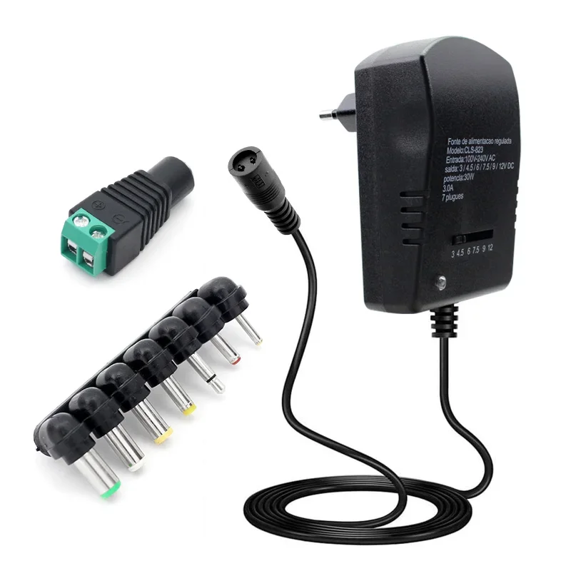 Einstellbares Schaltnetzteil, 12 V Volt-Transformator, AC 220 V auf DC 3 V, 4,5 V, 6 V, 7,5 V, 9 V, 12 V, Stromquelle mit DC-Buchse, 7 Stecker