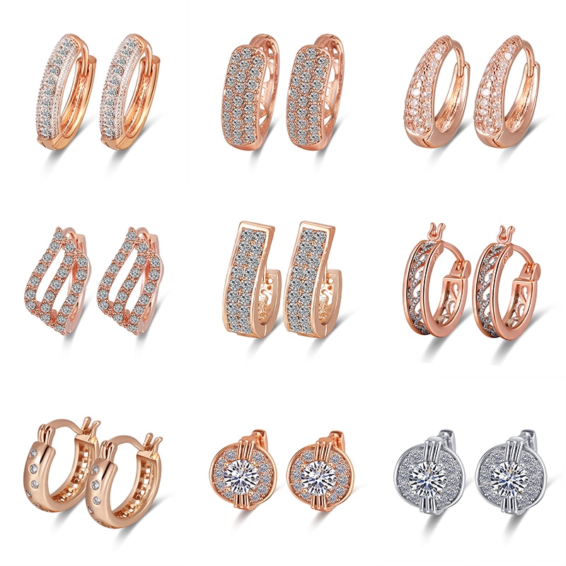 Classic Rose Gold Hoop Earring Voor Vrouwen Exquisite Hollow Craved Patroon Kristal Oorbel Mode Bruiloft Sieraden Voor Vrouwelijke