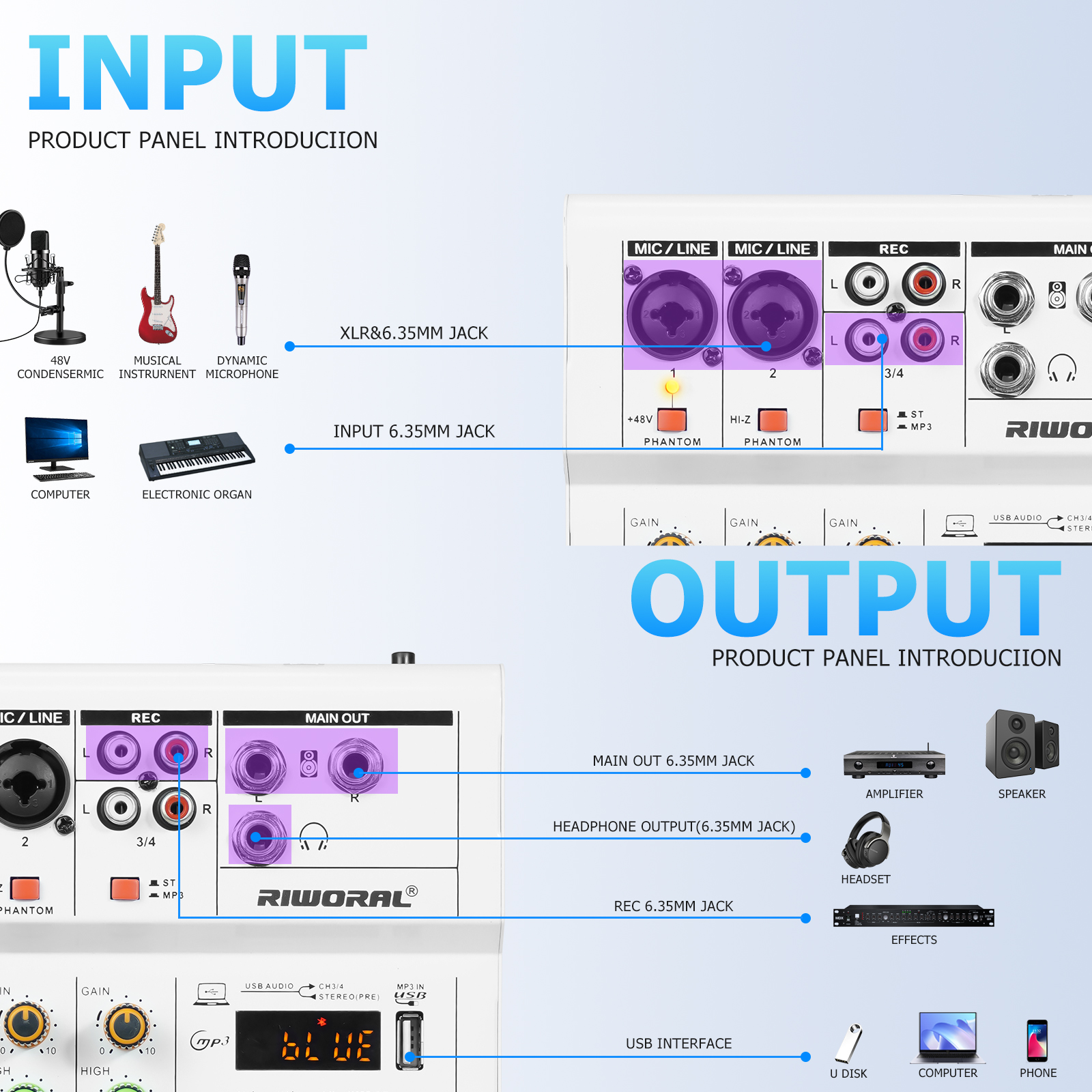 Mixer Audio Controller di registrazione e missaggio a 4 canali, mini interfaccia audio portatile, adatto per live