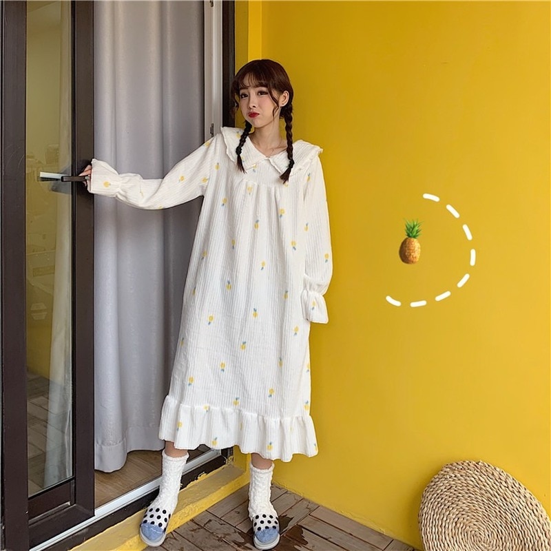 Camisones estampados Kawaii para mujer, ropa para casa suave de terciopelo Coral con volantes, holgados e informales de princesa, para Otoño e Invierno