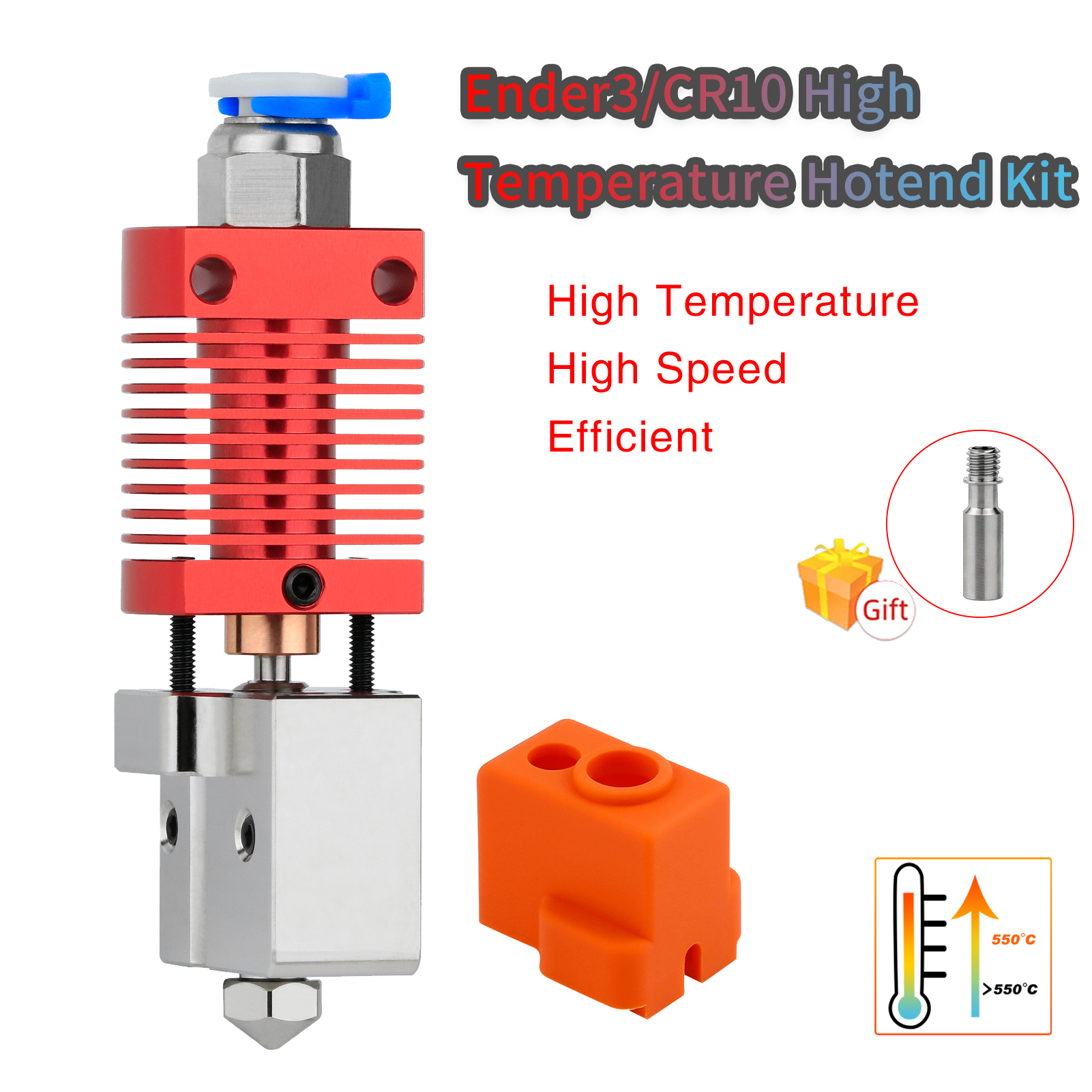 Ender3/Ender 3V2/CR10 Alta Temperatura 550 ℃ Kit Hotend Boquilla de volcán chapada en cobre Bloque calentado Kit Hotend de garganta bimetálica: Azul