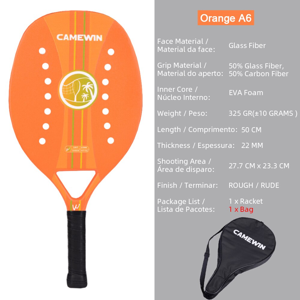 CAMEWIN Beach Tennis Racket Carbon Fiber Adult Professional High Quality Sport Goods Equipment Lightweight Soft EVA Face Racquet: Orange A6