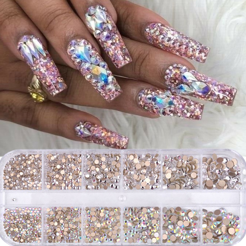 1 låda glitter naglar strass multi size flat-back ab kristaller stenar 3d berlocker diy tips nagelkonst dekorationer glänsande diamanter