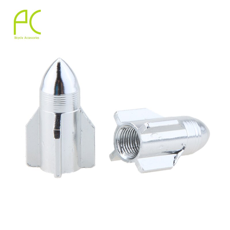 Pcycling Fiets Gasmondstuk Cap 2 Stuks Cnc Aluminium Auto Schrader Valve Cap Raket Modellering Gaspijp Ventiel Stofkap cover: SILVER