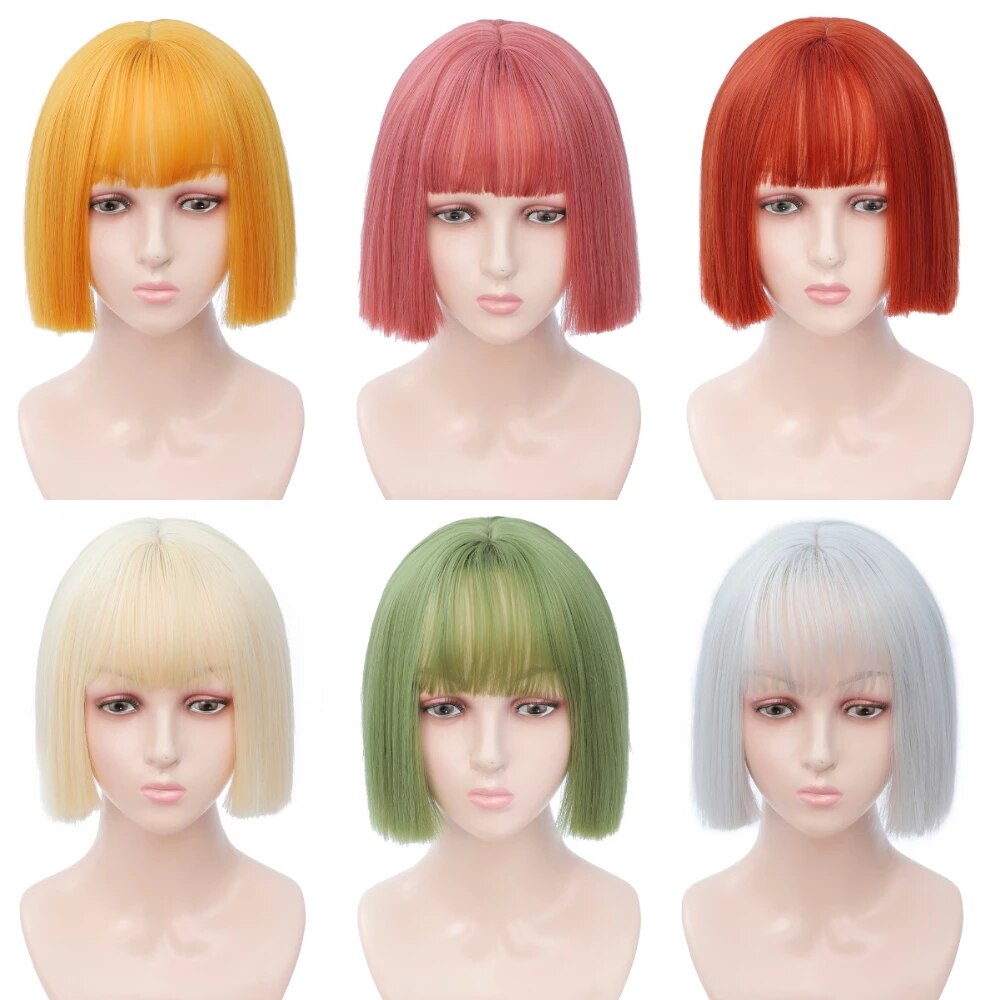 Perruques courtes marron perruques courtes Style Bob perruque de femmes noires synthétiques droites avec frange 12 pouces perruque Blonde cheveux doux