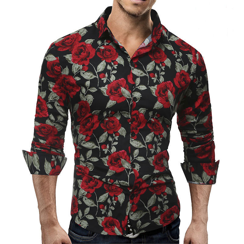 Rose Flower Printed Shirts Men's Luxury Long Sleeve Tops Tee Slim Fit Casual USA: Black / M