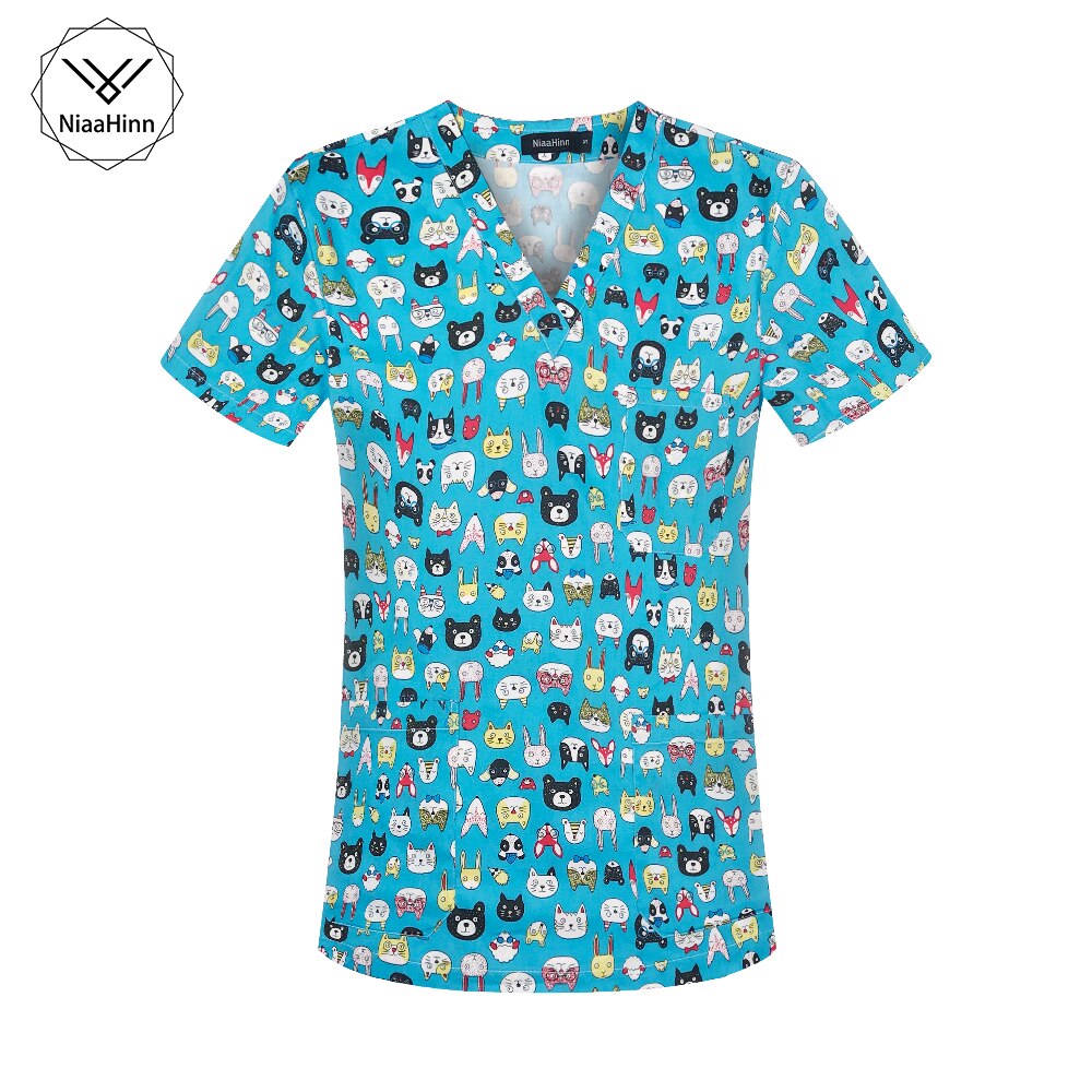 Vrouwen Leuke Cartoon Print Verpleging Scrubs Tops T Shirt Casual Korte Mouw Vrouwen Scrubs Uniformen Verpleegster V-hals Pocket Vrouwen Kleding: 62035 tops / Xxl