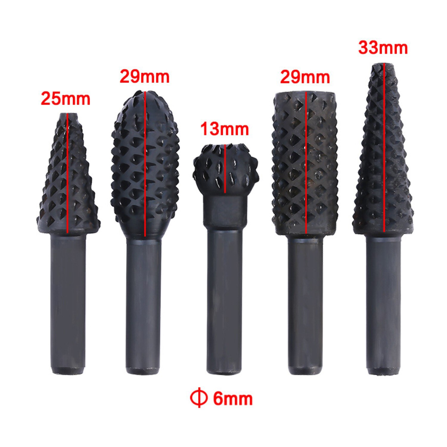 5pcs Woodworking Steel Rotary Rasp File 1/4" Shank Rotor Craft Files Rasp Burrs Wood Bits Grinding Power Carving Hand Tool