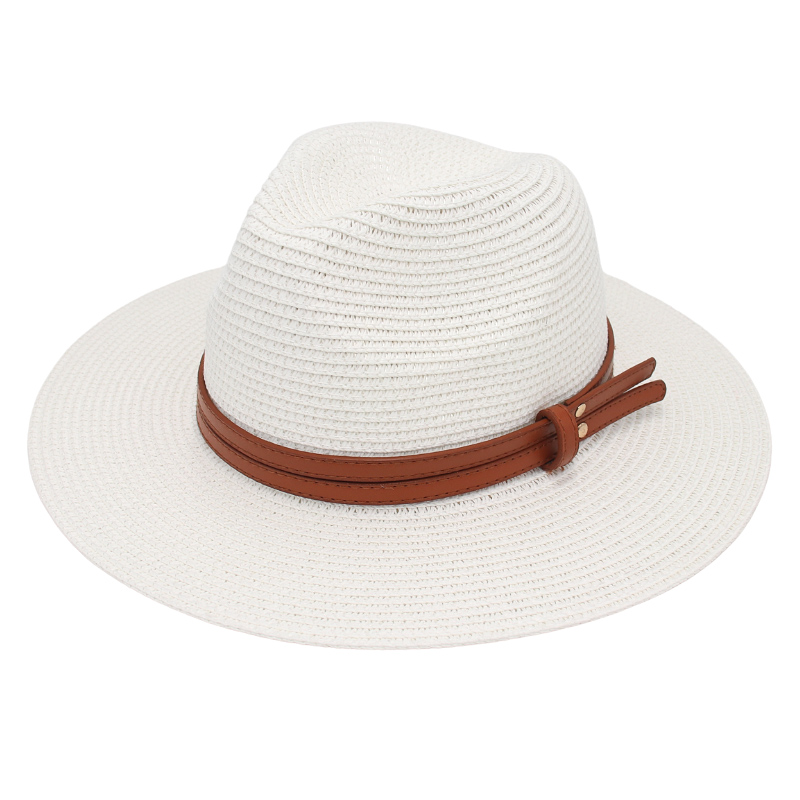 Chapeau d'été en paille pour femmes et hommes, à large bord, solide, Panama, pour la plage, décontracté, fait à la main, Protection UV: white 1