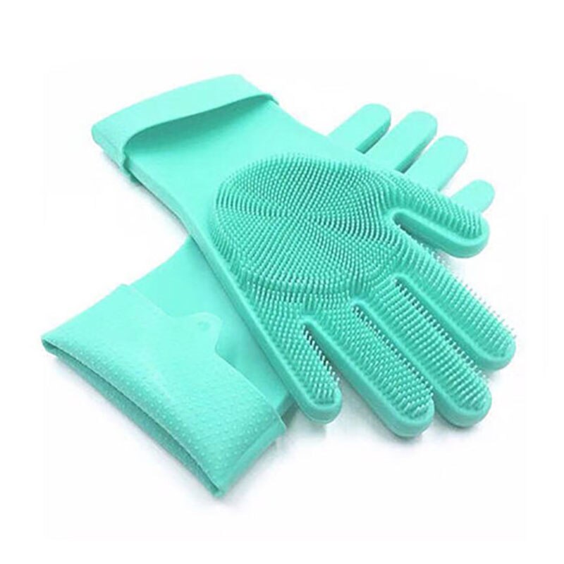 1 par silikone fade rengøringshandske køkkenvask husholdning bil kæledyr skrubbe handsker med rengøringsbørste madvask handske: Grøn