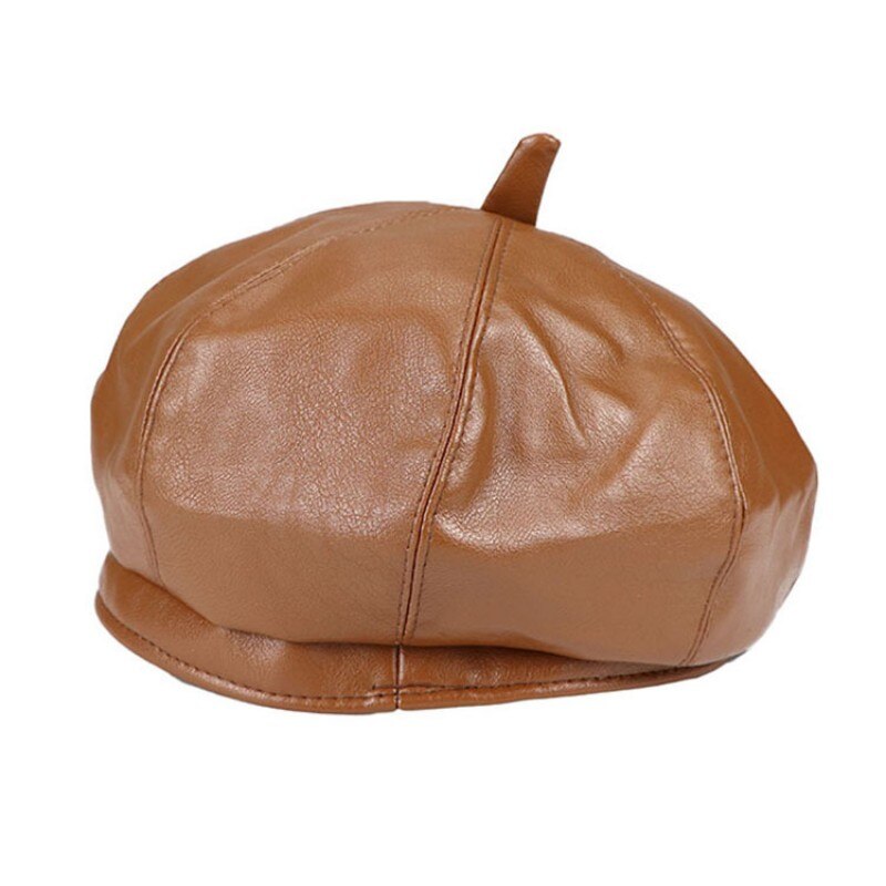 Vintage Women Beret Solid Beret Cap Pu Leather Beret French Artist Warm Beanie Pumpkin Hat Female Ladies All-Match Adjustable