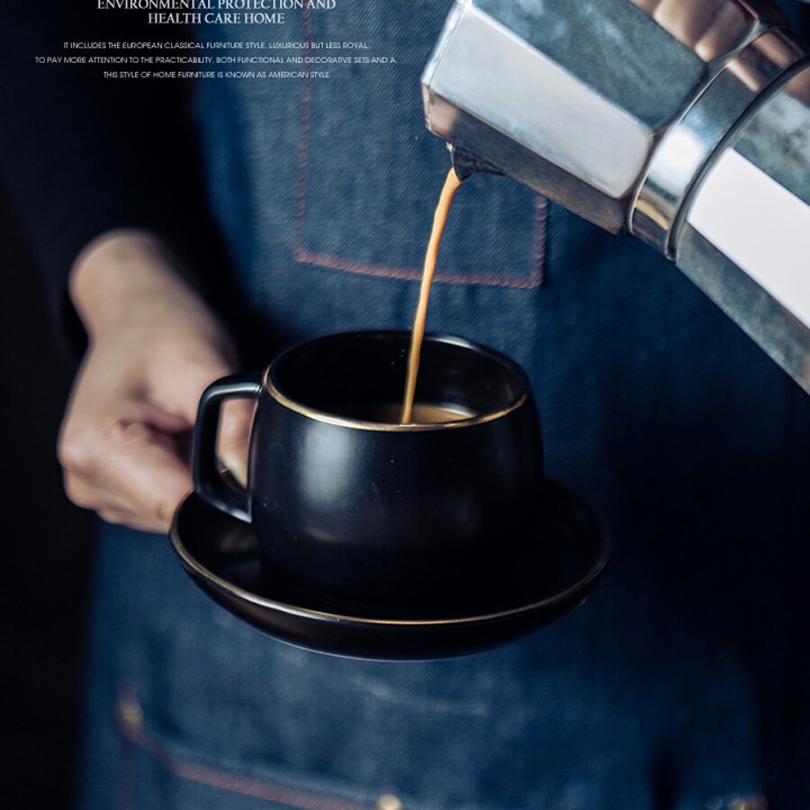 Conjunto de xícara e pires de café em estilo europeu preto fosco conjunto de café, xícara de chá e leite teacup set taza de cafe