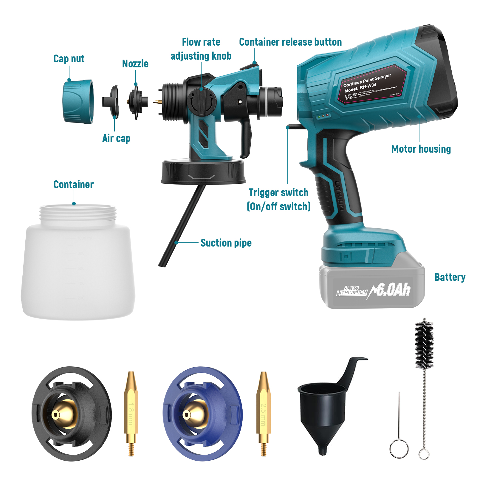 Elektrisk sprøytepistol for makita  bl1830, 18v batterier, 1l trådløse, bærbare sprøytepistoler, sett med bilmøbler, sprøyteverktøy for maling