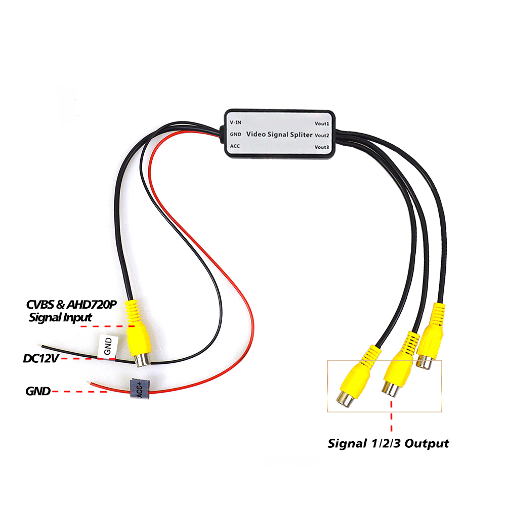 CVBS & AHD720P Videosignal-Splitter, 1 bis 3 Ausgänge, RCA-Video-Booster, Verstärker-Splitter für Auto, TV, DVD, CCTV, 1 Eingang und 3 Ausgänge