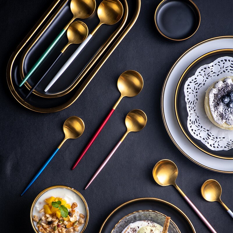 4PCS Tea Spoon stainless Steel Dessert Spoon Gold Tea Coffee Tableware Cutlery Cake Snack Dinnerware Tools Scoop