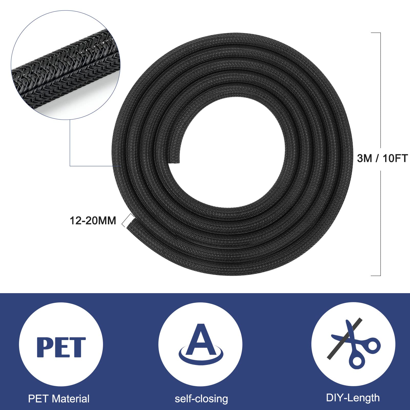 3 M Flexible Self-Closing Cable Duct Can Be Cut To Size, Diameter 12-20 Mm, Perfect Cable Management For Tv, Computer