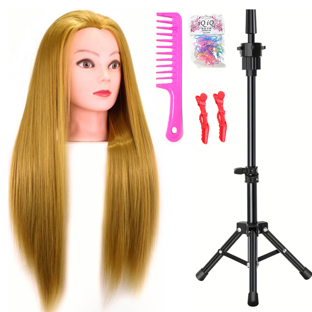 Mannequin Head 100% Synthetic Hair Hairdresser Training Head With Stand Manikin Cosmetology Doll Head For Braiding Styling: Gold