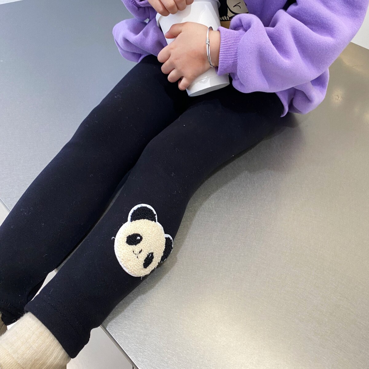 Leggings panda pour filles, collants chauds et mignons, flocage, pantalons skinny assortis, 2 couleurs, hiver