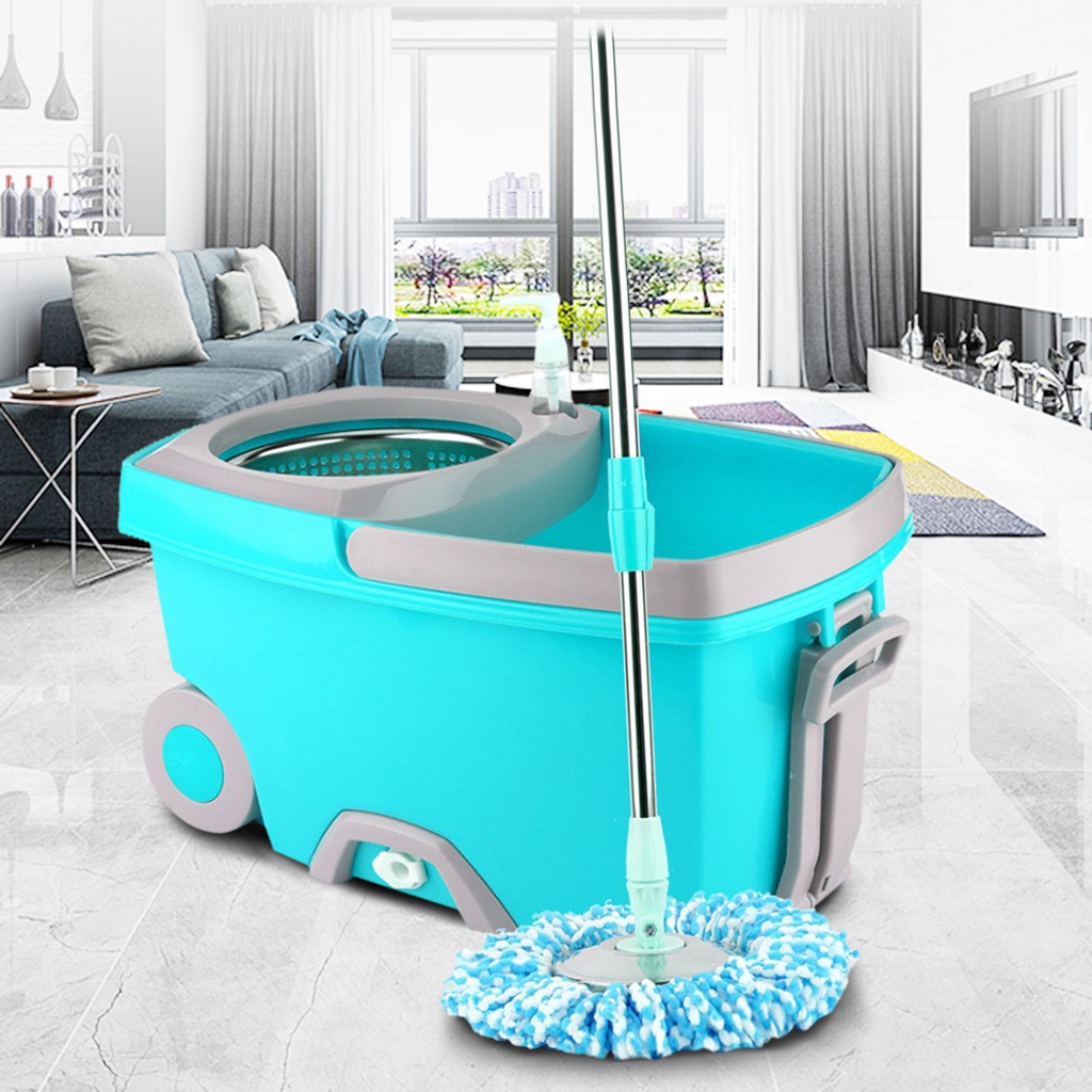 Upgraded Stainless Steel Microfiber 360 Rotating Mop And Bucket Kit Floor Clean Hands-free Spin Mop Bucket Set #C: Sky Blue