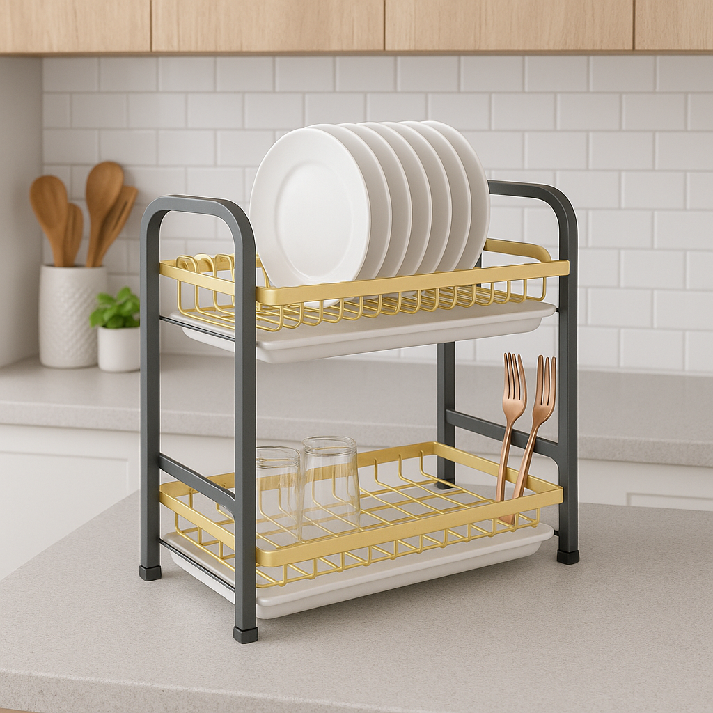 Estante de secado de platos de 2 niveles con soporte para utensilios, estantes ajustables, organizador de cocina que ahorra espacio, sistema de drenaje, gabinete de almacenamiento