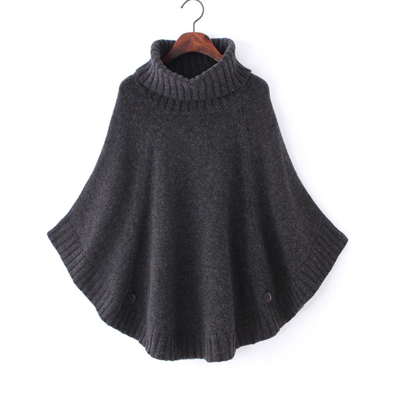Kvinders kapper og ponchoer kvinder sjal kappe frakke bat ærme turtleneck sweater efterår og vinter kappe plus størrelse: Mørkegrå