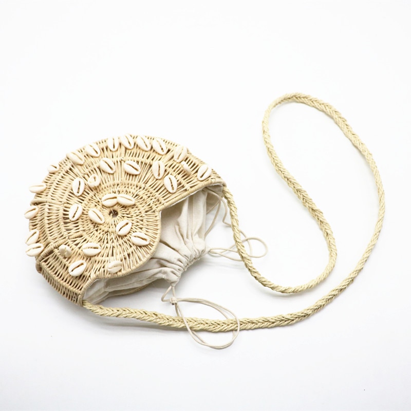 Bolso de hombro para chicas hecho a mano con cubierta tejida de verano, bolso de playa con detalles trenzados de mimbre para chicas, mensajero tejido de concha a la