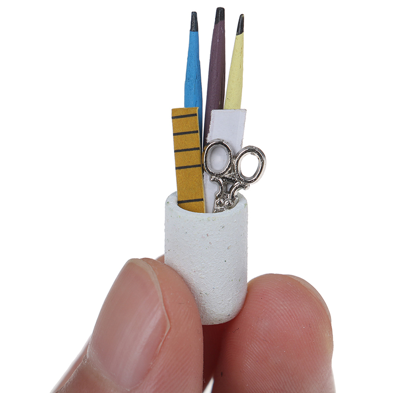 1:12 Dollhouse Miniature Pen Cup Holder with Pencil Ruler Scissor Accessories