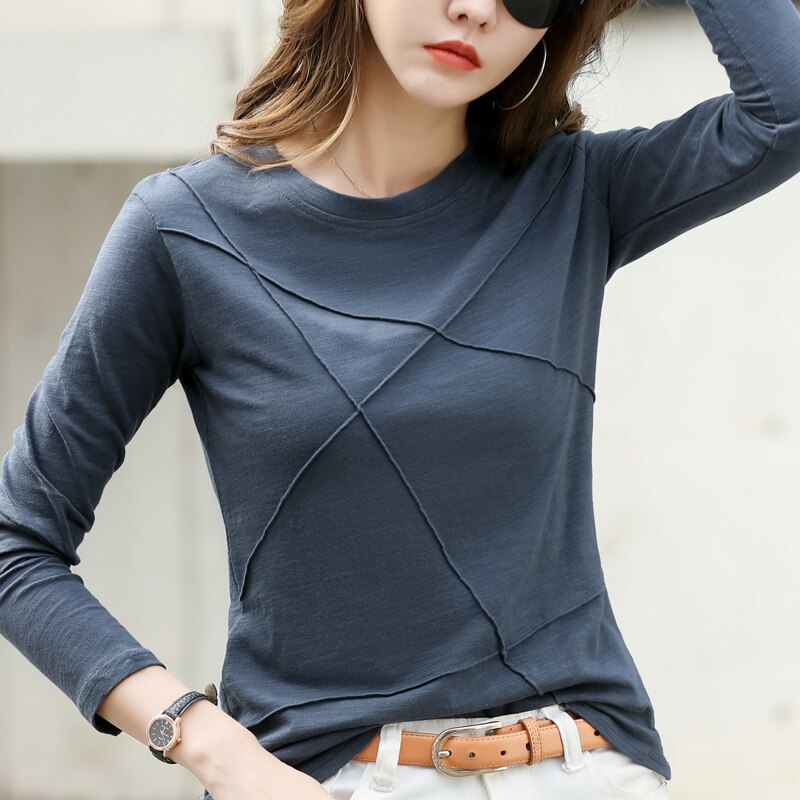 Camiseta acanalada de algodón de bambú para mujer, blusa morada Simple holgada con cuello redondo, Top verde de manga larga para mujer 2022: XXXL / Blue