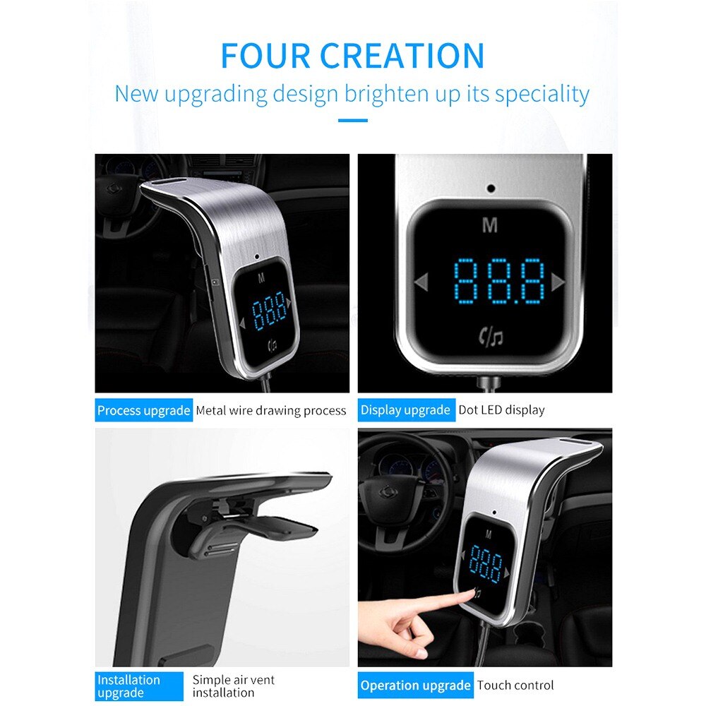 Fm-modulator, bluetooth-autoradio met  mp3 spelers, fm-zender, draadloze radioadapter, dubbele usb-uitgang, snellader, handsfree bluetooth-kit