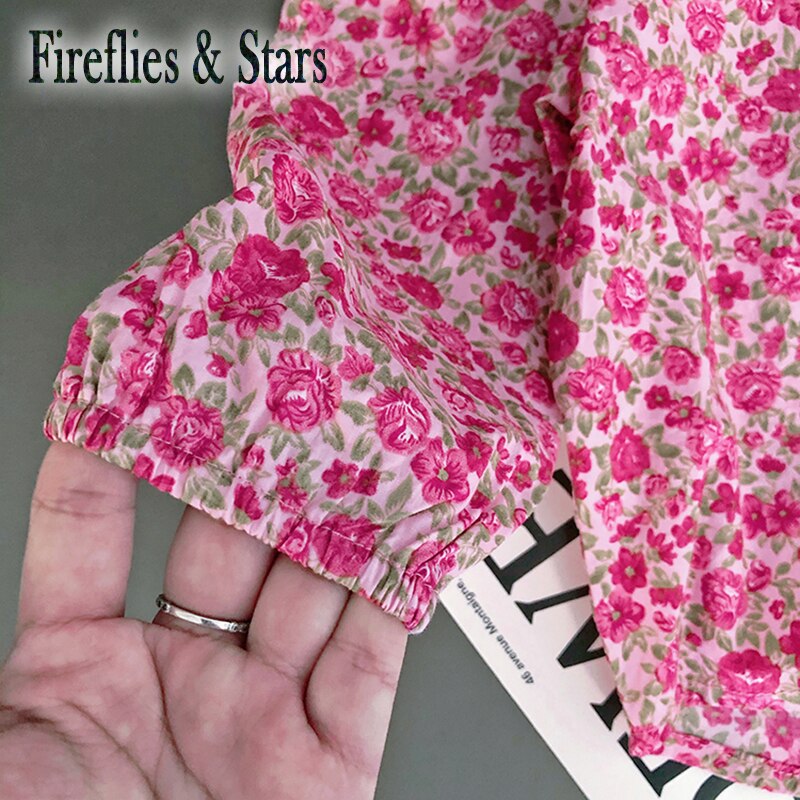 Forår efterår piger bluse baby skjorte børn toppe børn tøj rose blomster aop puf ærme skru ned krave 2 to 8 yr