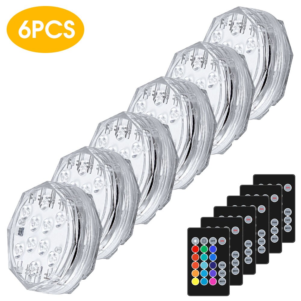 10Led RGB Remote Control Underwater Lights Waterproof Swim Pool Light Submersible Light Decorative Night Lamp Pool Equipment: 6Pcs